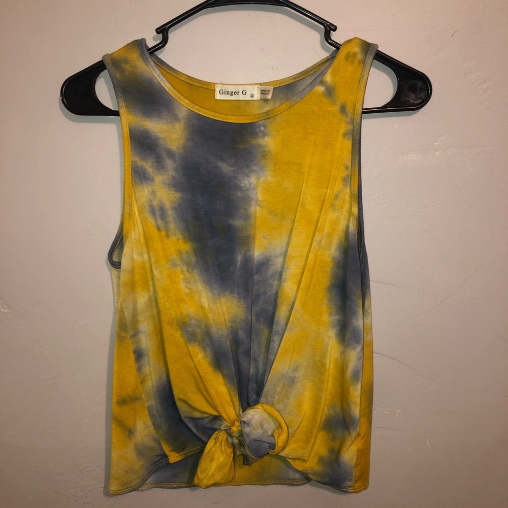 yellow and blue tie dye tank top
